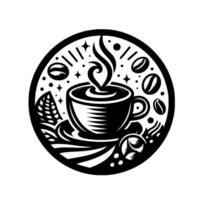 Intricate Black and White Coffee Cup in a Circular Frame, Featuring Steam, Beans, and Decorative Elements. vector