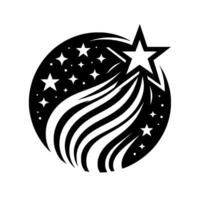 Black and white illustration of a shooting star with a large star shooting through a circle filled with smaller stars and cometlike trails. vector