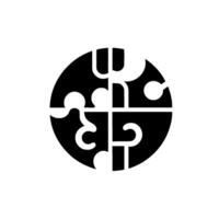 A stylized, geometric featuring a circle divided into four puzzlepiecelike segments with intricate, curved black shapes on a white backdrop. vector