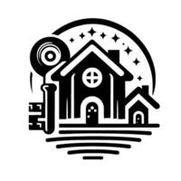 Black and White House Key Property, home, and security with a starry night sky in a circular frame. vector