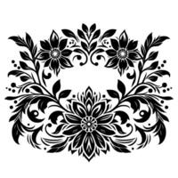 Symmetrical Black Floral with Detailed Leaves, Dots and Swirls on White, creating a decorative, elegant pattern. vector