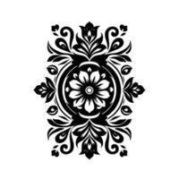 Intricate Monochrome Floral Damask Symmetrical with a Central Flower, Detailed Foliage, and Elegant Scrollwork on White. vector