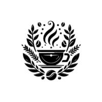 Elegant Black and White Coffee Cup surrounded by Floral Embellishments, Steam Rising, Central Composition, Minimalist . vector