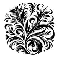 Circular Black Floral Pattern on White Background with Decorative Leaves, Curls and Detailed Elements. vector