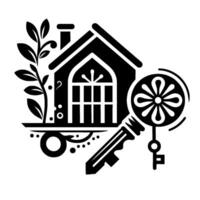 Stylized black and white illustration a house with decorative key, flowering key head, and leafy elements, suggesting real estate and security. vector