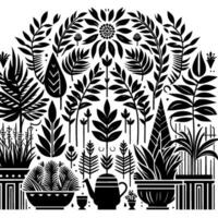 A symmetrical, black and white botanical illustration featuring diverse stylized plants, foliage, pots, and a teapot. vector