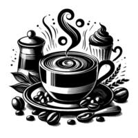 Artistic monochrome illustration of a steaming coffee cup with swirl, complemented by beans, pastries, and a sugar pot. vector