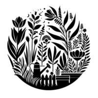 A stylized, black and white illustration of a flourishing garden enclosed in a circle, showcasing a variety of flora, a watering can, and a fence. vector
