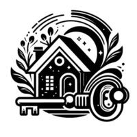 Black and white stylized house key illustration within a circular organic frame with stars, leaves, and crescent moon. vector
