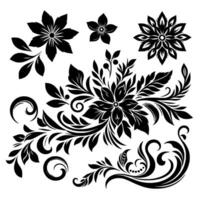 Black and White Floral Set, Featuring Various Flower and Leaf Arrangements, Scrolls, and Swirls on a Clean White Background. vector