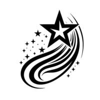 Black and White Starburst A large star with a smaller star within, surrounded by trailing lines and scattered stars on a white background. vector