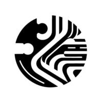 Black and white circular abstract with layered curved and linear shapes, evoking depth and flow on white background. vector