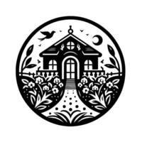 Serene Black and White Illustration of a House with Garden, Bird, and Crescent Moon, Within a Circular Frame. vector