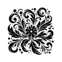 Intricate black and white floral pattern, symmetrical , featuring a central flower with surrounding leaves, curls, and dots against a clean white backdrop. vector