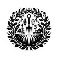 Black and white circular illustration a farming scene, with a pitchfork at the center, surrounded by rural elements. vector