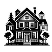 Illustration of a Detailed Victorianstyle House with Garden Elements in Monochrome, Capturing Traditional Architecture. vector