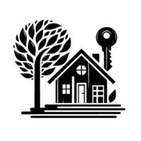 Black and white minimalist real estate house with tree and key, representing homeownership, security and property. vector