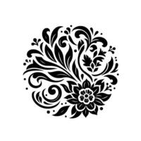 Intricate black and white floral , a symmetrical arrangement of leaves, swirls, and dots forming a circular pattern. vector