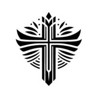 Black and White Geometric Cross with WingLike Elements and Ornamental Details on White Background. vector