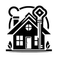 Black and White Illustration of a House with a Key, symbolizing Home Ownership and Security. vector