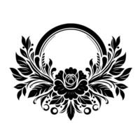 Elegant Black and White Floral Wreath with a Central Rose and Circular Frame on a White Background. vector