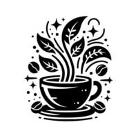of a coffee cup with leaves sprouting out, adorned with coffee beans, stars, and dots. vector