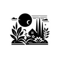 Black and White Minimalist Landscape with House, Crescent Moon, Vegetation, and Stylized Elements. vector