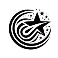 Bold Black and White Star Emblem, surrounded by swirling stylized lines and smaller stars, creating a dynamic and cosmic composition. vector