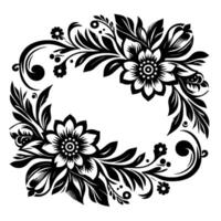 Ornate Black and White Floral Border Featuring Intricate Flowers, Leaves, and Swirls, Creating a Decorative Oval Frame with Elegant Symmetry. vector