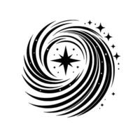 Black and white stylized star, encircled by flowing lines, surrounded by sparkling stars and dots on white background, creating a cosmic effect. vector