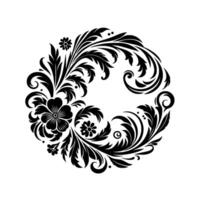 Intricate black floral wreath, featuring stylized flowers and leaves in symmetrical arrangement, creating a decorative circular on a white background. vector