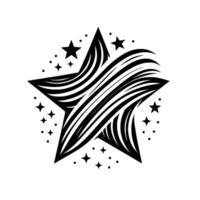 Black and white artistic stylized star , featuring a central star with flowing lines, surrounded by smaller stars and dots, on a white background. vector