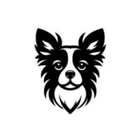 Stylized Black and White Dog A symmetrical frontfacing portrait of a Border Collie with expressive eyes, long ears, and a fluffy neck, on a clean white background. vector