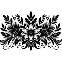 Symmetrical black and white floral with leaves, dots, and curls on a blank white background. vector