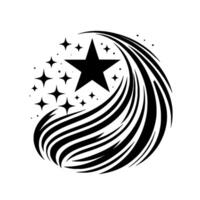 A black starburst featuring a central star and a cluster of smaller stars, encircled by flowing, stylized lines on a white background. vector