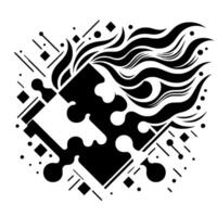 Abstract black and white art featuring a puzzle piece amidst geometric shapes, flowing lines, and stylized waves. vector
