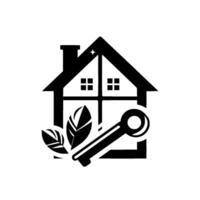 Black and white featuring a stylized house with a chimney, windows, leaves, a key, and a shining star. vector