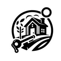 Black White Real Estate featuring a House, Key, Tree, and Circular Composition symbolizing homeownership and property. vector