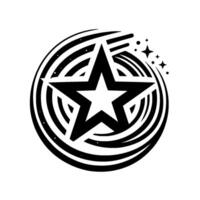 Black and White Star A stylized fivepointed star enclosed within concentric swirling lines, accented with scattered stars on a white background. vector