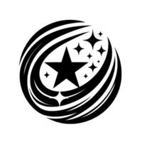 Black and White Starry Emblem Bold FivePointed Star Surrounded by Twisting Swirls and Small Sparkling Star Clusters vector