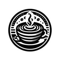 Monochromatic, circular featuring a stylized coffee cup with rising steam, coffee beans, and a leaf, encapsulated within a decorative border. vector