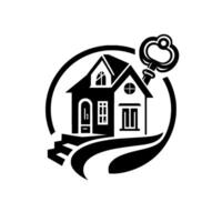 Black and white illustration of a house with a key, encircled by a minimalist . vector
