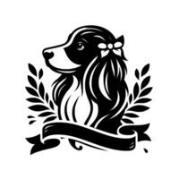 Elegant Black and White Border Collie Portrait, Adorned with a Bow and Laurel Wreath, Set Against a Clean White Backdrop, with a Blank Banner. vector