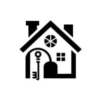 Geometric Black and White Keyhole House with Chimneys, Starburst Window, Square Window, and Hanging Skeleton Key Symbolizing Real Estate. vector