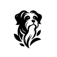 Black and White Emblem of a Dog with Stylized Facial Features and Leaf Embellishments, Clean and Modern . vector