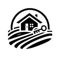Black and white a house atop rolling hills, encircled by a black arch, with a key resting on the ground, symbolizing real estate. vector