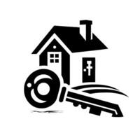 Black and white minimalist real estate with a house, key, and subtle reflection on a clean white background, symbolizing home ownership. vector
