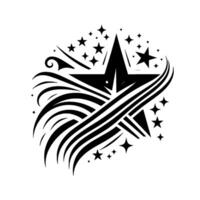 A stylized black starburst illustration with flowing lines, surrounding multiple smaller stars on a white background. vector
