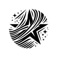 Black and white stylized starburst with a central fivepointed star, surrounded by radiating lines and scattered star accents, set against a clean white backdrop. vector