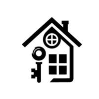 Minimalist monochrome real estate showcasing a house shape, a key, a round window, and square window, representing home ownership. vector